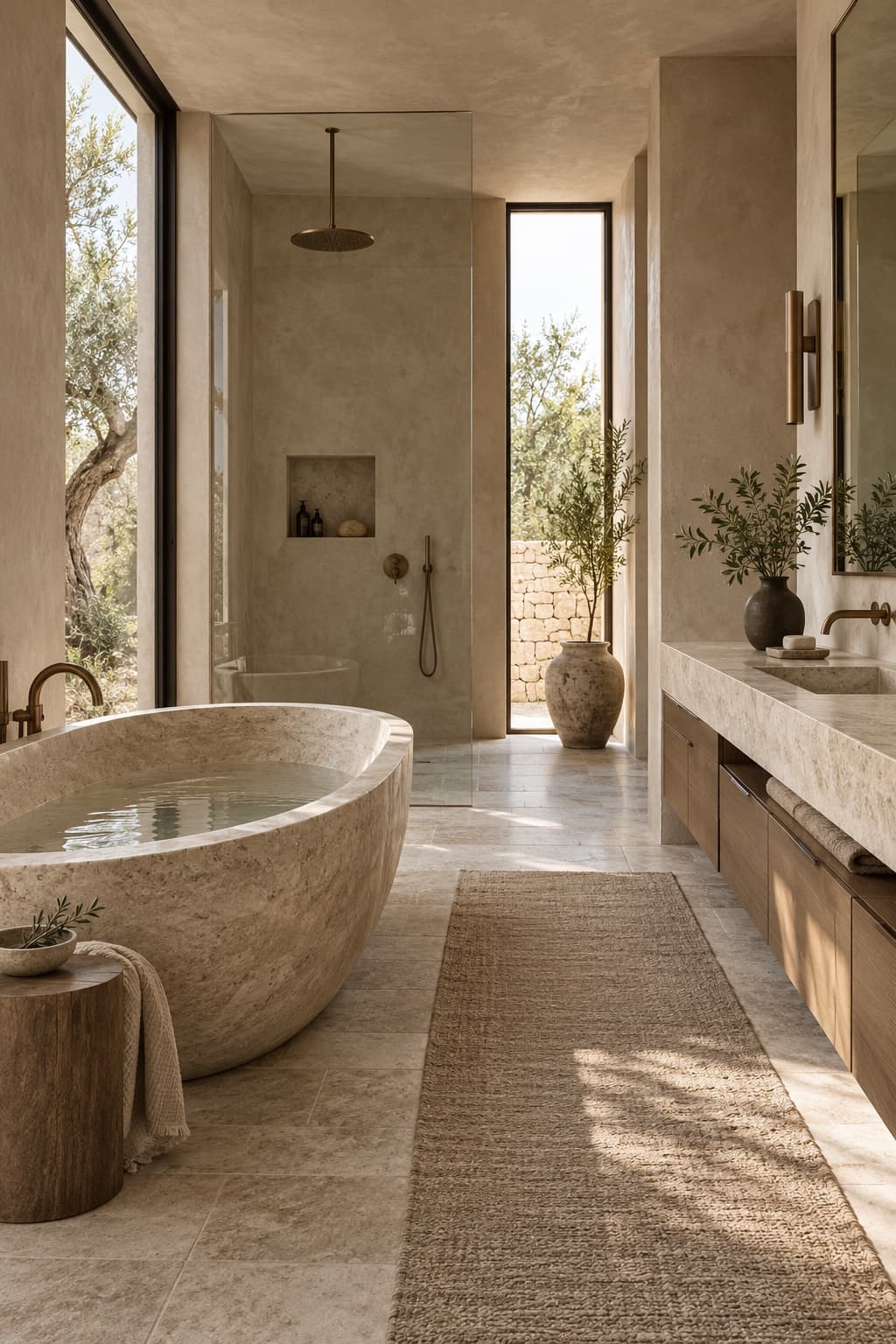 Concept image of a serene limestone bathroom