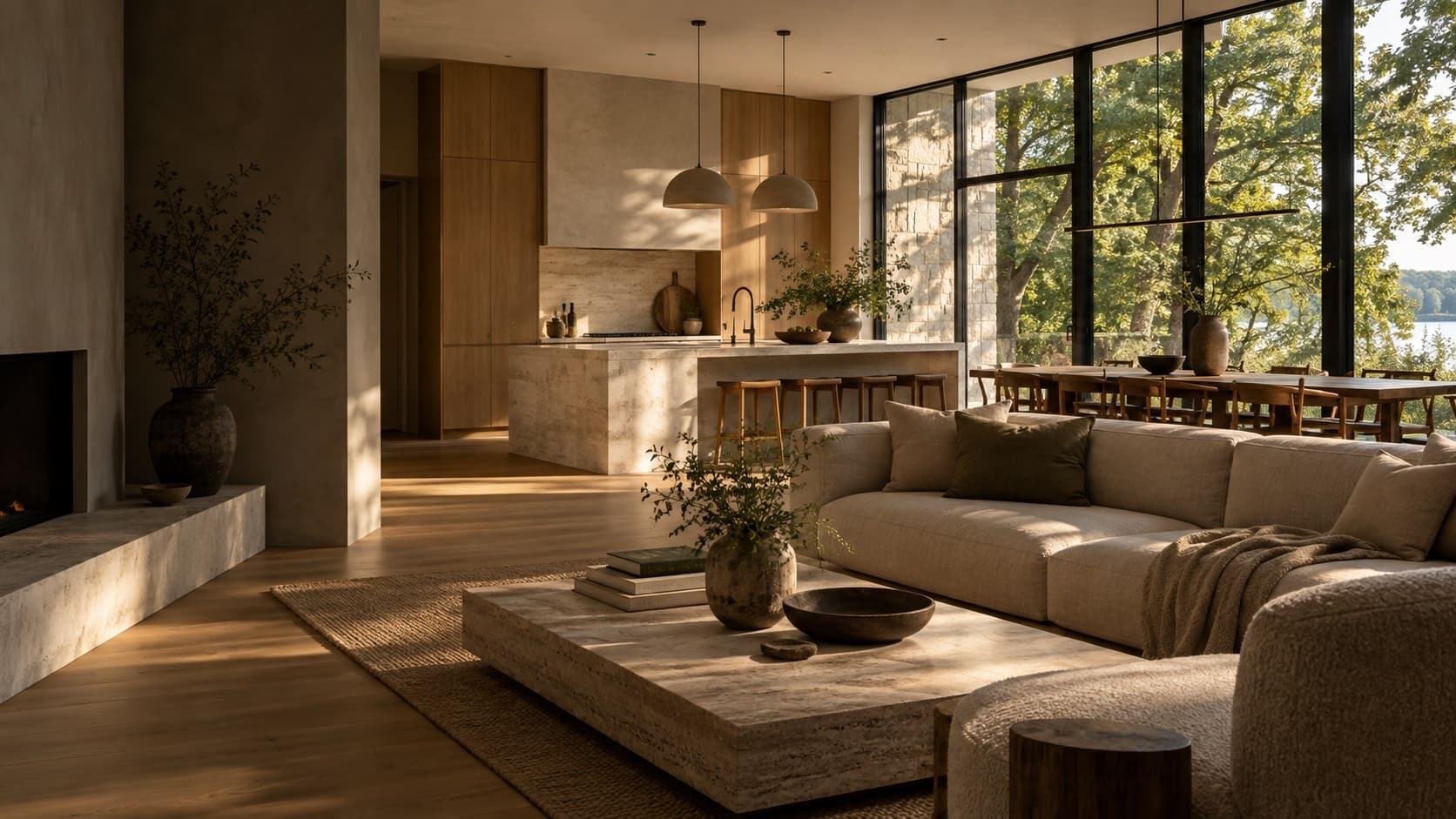 Warm contemporary living space opening onto a natural landscape